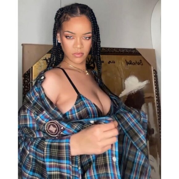 💕SAVAGE x FENTY💕 Tied-Up Tartan PJ Raw Hem Sleep Shirt Blue Plaid Small S NWT - Picture 3 of 16